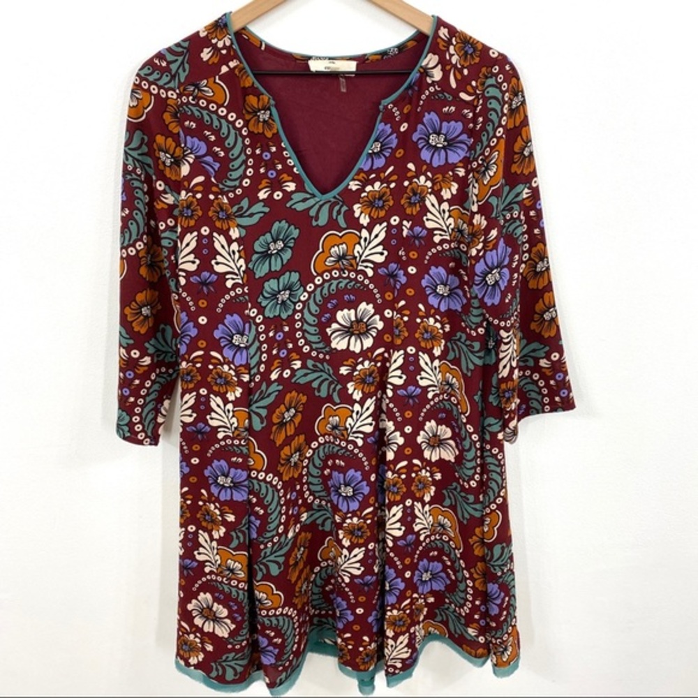 ENTRO Burgundy Floral Flowy Boho Dress Small